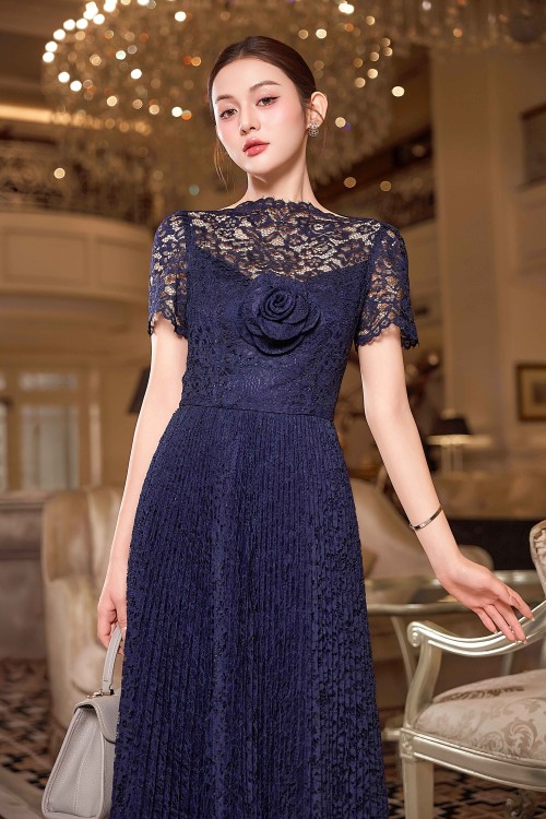 Sixdo Navy Lace Flared Dress With Flower